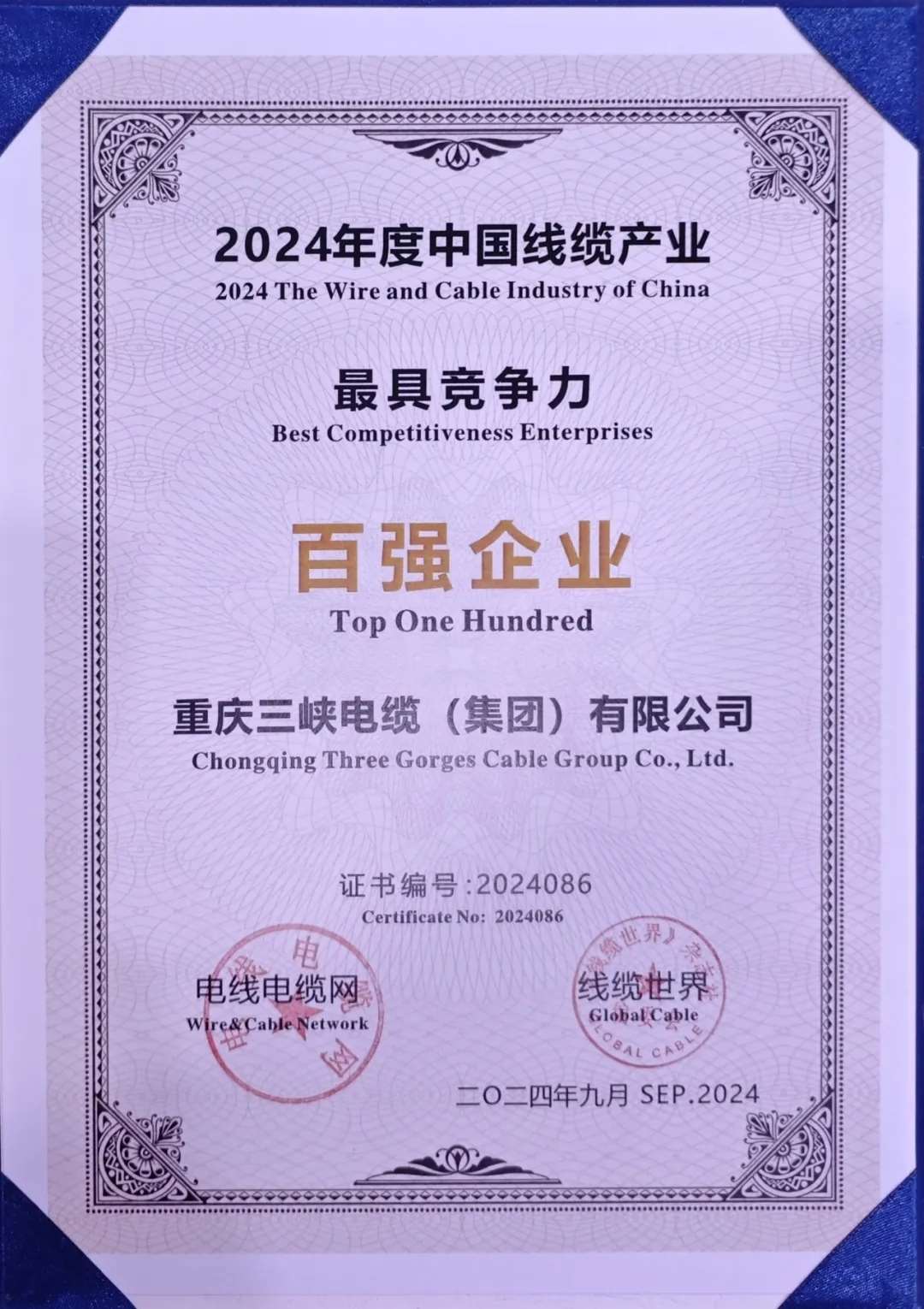 三峡资讯｜三峡电缆集团荣获“2024年中国线缆产业最具竞争力100强企业”