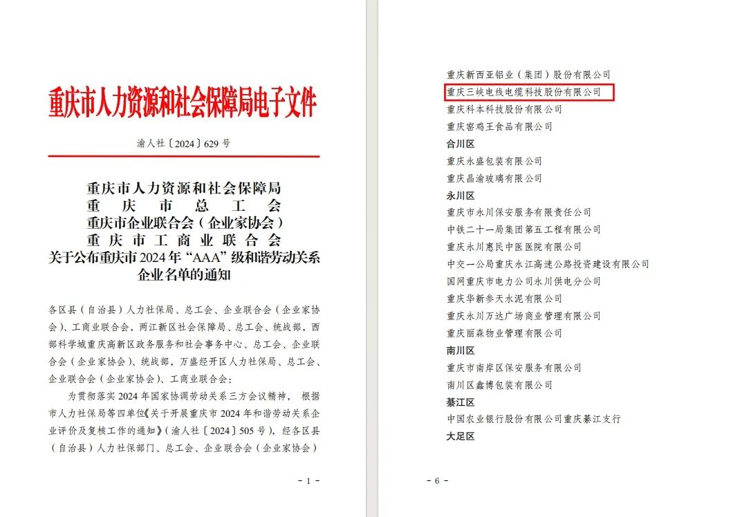 再上新阶！三峡电缆荣获重庆市2024年“AAA”级和谐劳动关系企业