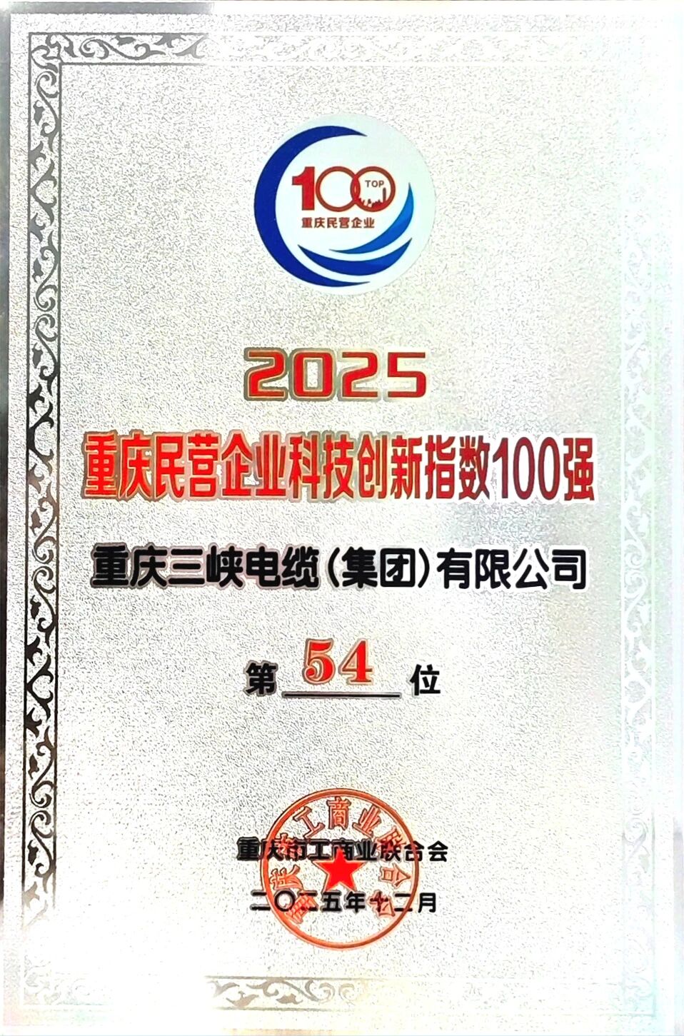 三峡资讯丨三峡电缆荣登重庆民营企业科技创新指数100强