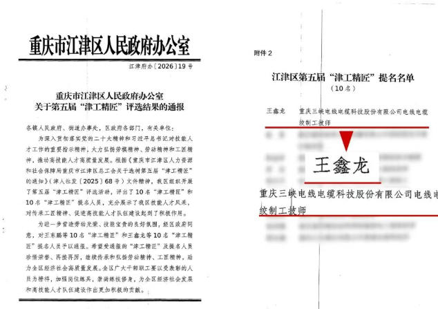 青春建功“十五五”丨三峡电缆青年代表王鑫龙荣获“津工精匠”称号